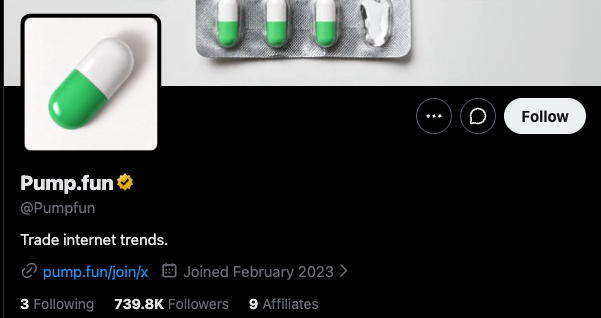 Screenshot of pump.fun's X profile. The bio reads: Trade internet trends.